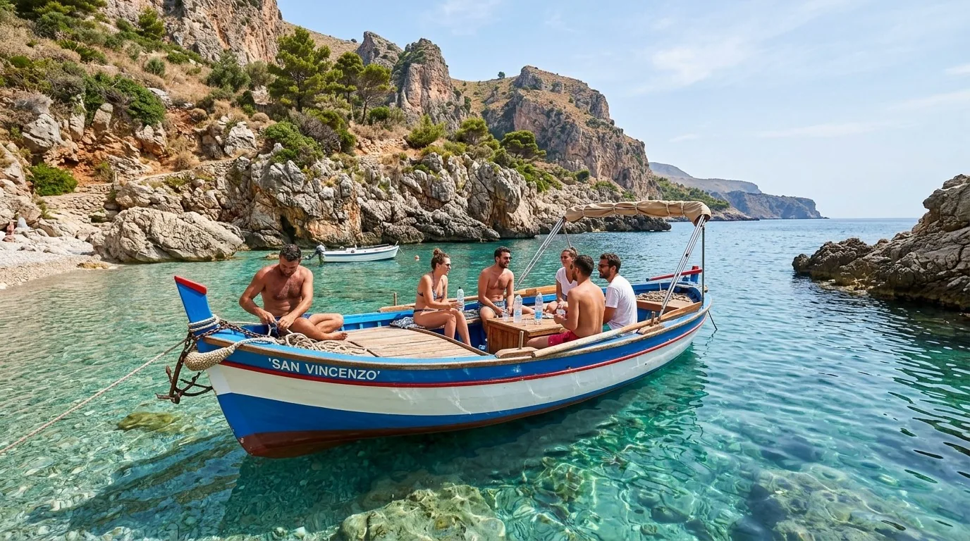 Traditional Sicilian gozzo boat anchored off the reserve