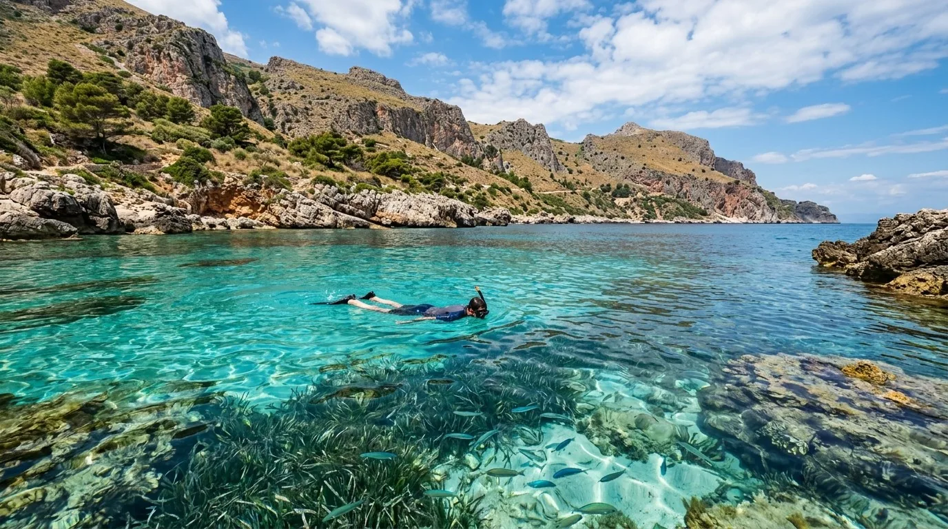 Snorkeller over clear water along the Zingaro coast